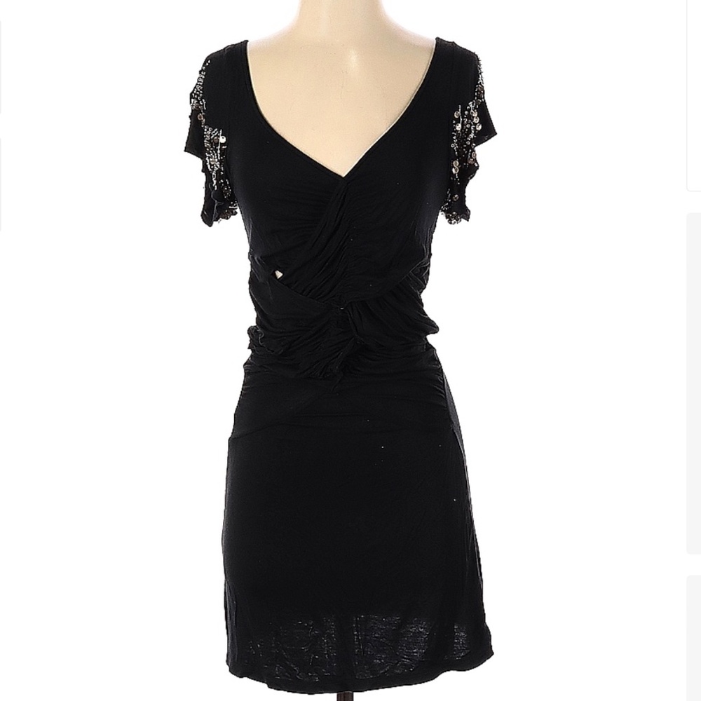 Free People Womens Short Black V Neck Dress with Sequin Shoulders, Size S